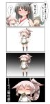  4koma absurdres blush bow chibi comic fusou_(kantai_collection) hair_bow hair_ornament hair_ribbon highres kantai_collection long_hair nanakusa_nazuna nontraditional_miko pleated_skirt ponytail ribbon school_uniform serafuku side_ponytail skirt sweat translation_request very_long_hair yura_(kantai_collection) yuubari_(kantai_collection) 