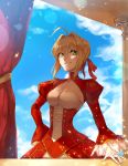  1girl ahoge blonde_hair braid breasts cleavage cleavage_cutout clouds corset curtains epaulettes fate/extra fate_(series) green_eyes hair_intakes hair_ribbon hand_on_hip looking_to_the_side pillar puffy_sleeves ribbon saber_extra sky smile solo yepnean 