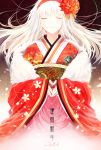  1girl 2013 closed_eyes flower hair_flower hair_ornament hairband highres japanese_clothes k_(anime) kimono kushina_anna long_hair orb pale_skin pkynocardia solo translation_request upper_body white_hair 