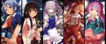  5girls apron arrow black_hair blue_dress bow_(weapon) branch brown_eyes bubble_skirt column_lineup dress efe fingersmile fujiwara_no_mokou grey_eyes hata_no_kokoro highres houraisan_kaguya izayoi_sakuya jeweled_branch_of_hourai maid maid_headdress multiple_girls open_mouth pants pink_eyes pink_hair puffy_short_sleeves puffy_sleeves see-through shirt short_sleeves silver_hair skirt smile split_screen suspenders torn_clothes torn_sleeves touhou violet_eyes waist_apron weapon yagokoro_eirin 