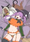  2girls animal_ears basket breasts broom candy cat_ears cat_girl cat_tail chocolate dark_skin earrings eating halloween hat huge_breasts jewelry kuzukago_(bitchmaker) long_hair multiple_girls navel open_mouth panties pumpkin purple_hair smile snack tail twintails underwear violet_eyes witch witch_hat yellow_eyes 