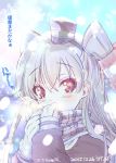  1girl amatsukaze_(kantai_collection) blush breath brown_eyes checkered_scarf close-up dated face gloves hair_tubes highres kantai_collection long_hair long_sleeves looking_at_viewer scarf silver_hair single_glove snowing solo steam translation_request two_side_up ugeppa white_gloves windsock 