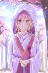  1girl blonde_hair blue_sky blurry blush bride cherry_blossoms clouds depth_of_field fan gradient_hair hands_together highres hijiri_byakuren japanese_clothes jewelry kimono long_hair looking_at_viewer multicolored_hair parted_lips ring sky smile solo touhou uchikake ucukrtz violet_eyes wedding_band 