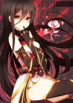  1girl black_gloves black_hair black_legwear elbow_gloves gloves long_hair looking_at_viewer original rizky_(strated) smile solo thigh-highs yellow_eyes 
