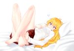 1girl bangs barefoot blonde_hair blush breasts closed_mouth covering covering_crotch crossed_ankles flying_sweatdrops highres large_breasts legs_up long_hair long_sleeves lying miniskirt narynn on_back on_bed pillow plaid plaid_skirt rwby shirt skirt skirt_tug solo violet_eyes white_shirt yang_xiao_long 