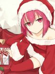  1girl ariaria_(netsuki) bare_shoulders blush bow fur_trim gift hat looking_at_viewer miruto_netsuki original pink_eyes pink_hair red_legwear ribbon santa_costume santa_hat short_hair solo thigh-highs zettai_ryouiki 