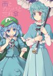  2girls backpack bag blue_eyes blue_hair capelet grin hand_on_hip hat height_difference heterochromia karakasa_obake kawashiro_nitori key long_sleeves multiple_girls shirt skirt smile tatara_kogasa tomobe_kinuko touhou twintails two_side_up umbrella wrench 