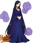  1girl agawa_ryou black_hair blue_eyes breasts cleavage dress flower jewelry long_dress long_hair necklace original rose simple_background solo very_long_hair white_background 