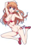  1girl bikini blue_eyes breasts brown_hair front-tie_top full_body hirose_(mokiki) large_breasts legs_folded long_hair looking_at_viewer navel neon_genesis_evangelion open_mouth outline shiny shiny_skin side-tie_bikini simple_background skindentation slippers smile solo souryuu_asuka_langley strap_gap swimsuit white_background 