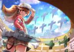  &gt;:3 1girl :3 absurdres blue_sky brown_eyes brown_hair clouds cloudy_sky commentary_request cowboy_shot flat_chest hand_on_hip hat_tip highres japanese_clothes kantai_collection kariginu long_hair long_sleeves looking_at_viewer looking_back magatama miniskirt okitsugu onmyouji outdoors pleated_skirt ryuujou_(kantai_collection) scroll shikigami skirt sky smile solo standing twintails visor_cap 