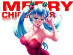  blue_eyes blue_hair breasts christmas dress large_breasts league_of_legends long_hair nakatokung red_dress sona_buvelle strapless_dress tongue tongue_out twintails 