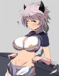  1girl ? against_wall artist_request asymmetrical_hair braid breasts cleavage_cutout cloud_print crop_top flat_gaze from_side horns jitome kantai_collection large_breasts long_hair looking_at_viewer midriff navel silver_hair single_braid solo thigh-highs unryuu_(kantai_collection) very_long_hair yellow_eyes 