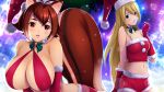  2girls animal_ears bare_shoulders blazblue blonde_hair breasts cleavage dragon@harry gloves green_eyes hat huge_breasts long_hair makoto_nanaya midriff multiple_girls navel noel_vermillion santa_costume santa_hat short_hair squirrel_ears squirrel_tail tail 