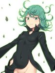  1girl black_dress blush commentary_request curly_hair dress green_eyes green_hair hashi looking_at_viewer no_panties onepunch_man out-of-frame_censoring short_hair smile solo tatsumaki 
