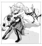  2girls ahoge animal_ears archer_of_red artemis_(fate/grand_order) barefoot fate/grand_order fate_(series) hug hug_from_behind lion_ears monochrome multiple_girls orion_(fate/grand_order) syatey 