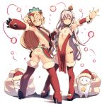  2girls ass blonde_hair blush boots breasts christmas detached_sleeves elbow_gloves gloves hand_on_hip hat highres long_hair looking_at_viewer mini_hat multiple_girls navel noel_(sennen_sensou_aigis) open_mouth outstretched_arm panties pointy_ears pupuru_(sennen_sensou_aigis) red_eyes santa_hat sennen_sensou_aigis silver_hair smile tasaka_shinnosuke thigh-highs thigh_boots underwear very_long_hair wrist_cuffs 