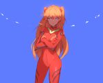  1girl bangs blue_background blue_eyes bodysuit bracer breasts cowboy_shot crossed_arms gloves hair_between_eyes hair_ornament impossible_clothes long_hair looking_at_viewer neon_genesis_evangelion orange_hair parted_bangs parted_lips pilot_suit plugsuit shaded_face simple_background solo souryuu_asuka_langley standing triangle_mouth turtleneck very_long_hair 