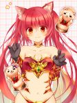  1girl armor bare_shoulders bikini_armor black_gloves cerberus_(shingeki_no_bahamut) collarbone gauntlets gloves hand_puppet jin_rikuri long_hair looking_at_viewer midriff navel puppet red_eyes redhead shingeki_no_bahamut solo twintails very_long_hair 