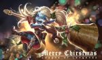  1girl bell blue_skin boots christmas hair_ornament league_of_legends long_hair mistletoe pointy_ears poppy ribbon santa_costume scotishfold smile twintails weapon white_hair yordle 