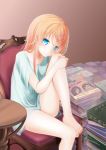  1girl aoi_usagi_(marinebluerabbit) barefoot blue_eyes book chair kousaka_kirino long_hair manga_(object) orange_hair ore_no_imouto_ga_konna_ni_kawaii_wake_ga_nai sitting table 