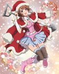  1girl belt blush boots brown_eyes brown_hair christmas detached_sleeves frilled_skirt frills hagiwara_yukiho hat highres hina_(araburu-hinadori) idolmaster jewelry knee_boots looking_at_viewer open_mouth pink_boots pink_diamond_765 santa_costume santa_hat short_hair shovel skirt smile solo thigh-highs worktool 