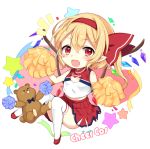  1girl blonde_hair cheering cheerleader fang flandre_scarlet hair_ribbon looking_at_viewer open_mouth paragasu_(parags112) pom_poms red_eyes ribbon shirt side_ponytail skirt smile solo star stuffed_animal stuffed_toy teddy_bear thigh-highs touhou white_legwear wings 