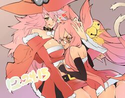  2girls :q animal_ears ass bare_shoulders bell belt black_gloves black_panties blazblue blazblue:_central_fiction blush breasts brown_eyes collar dated dress elbow_gloves fingerless_gloves glasses gloves hat heart hug kentaro1087 kokonoe konoe_a_mercury long_hair looking_at_viewer mother_and_daughter multiple_girls panties pantyshot pantyshot_(standing) pink_hair smile standing tongue tongue_out underwear witch_hat 