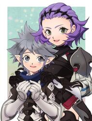  1boy 1girl armor fire_emblem fire_emblem_if gloves green_eyes grey_eyes grey_hair kanna_(fire_emblem_if) minayo open_mouth pointy_ears purple_hair solo sophie_(fire_emblem_if) 