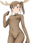  1girl :o animal_costume antlers bell bell_collar blush brown_eyes brown_hair christmas collar covered_navel futami_mami hair_ornament highres hoof idolmaster looking_at_viewer open_mouth reindeer_antlers reindeer_costume side_ponytail small_breasts solo tsurui 