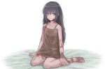  1girl black_eyes black_hair burn_scar dorei_to_no_seikatsu_~teaching_feeling~ dress hanputei_san long_hair sitting smile sundress sylvie_(dorei_to_no_seikatsu) wariza 