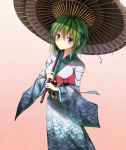  1girl absurdres blue_eyes green_hair highres japanese_clothes kimono mage_(335656) oriental_umbrella original short_hair solo umbrella 