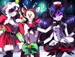 1girl 2boys alternate_costume alternate_hair_length alternate_hairstyle android antlers black_hair black_legwear black_scarf bow candy candy_cane christmas christmas_lights dress extra_arms extra_eyes green_bow grin hat hat_ribbon heart heart_belt hood insect_girl long_hair mettaton mettaton-ex muffet multiple_arms multiple_boys night one_eye_closed one_eye_covered pantyhose papyrus_(undertale) red_nose red_ribbon ribbon rotodisk rudolph_the_red_nosed_reindeer santa_costume scarf short_hair skeleton skirt smile snow undertale violet_eyes white_hat 