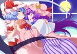  2girls bat_wings blue_hair blush capelet coat crescent dress eichi_yuu eye_contact fang full_moon gloves hat hat_ribbon highres holding_hands interlocked_fingers long_hair long_sleeves looking_at_another mob_cap moon multiple_girls open_clothes open_coat open_mouth patchouli_knowledge pink_dress pointy_ears puffy_short_sleeves puffy_sleeves purple_dress purple_hair red_gloves remilia_scarlet ribbon short_sleeves sky smile star_(sky) starry_sky striped striped_dress touhou very_long_hair violet_eyes wide_sleeves window wings yuri 