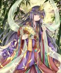  1girl black_hair fan flower hagoromo hair_flower hair_ornament highres japanese_clothes kaguya_hime long_hair looking_at_viewer outdoors paper_fan shawl shingoku_no_valhalla_gate silk solo tassel violet_eyes wataame27 