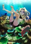  1girl air_bubble aleksandra_i_pokryshkin barefoot bikini blonde_hair breath bubble coral fish freediving highres holding_breath long_hair open_mouth strike_witches suomio swimming swimsuit toe_scrunch underwater water 