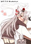  1boy 1girl ^_^ admiral_(kantai_collection) amatsukaze_(kantai_collection) blush breasts brown_dress closed_eyes commentary_request dated desk dress faceless faceless_male garter_straps grey_hair hair_tubes hairband hat heart hug hug_from_behind kantai_collection long_hair long_sleeves military military_uniform open_mouth rensouhou-kun short_dress short_hair simple_background sitting smile smoke smoke_trail sweat thigh-highs twitter_username two_side_up uniform watsuki_ayamo white_background windsock zettai_ryouiki 