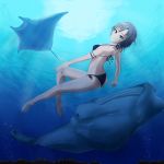  1girl anastasia_(idolmaster) animal aqua_eyes armlet ass barefoot bikini freediving highres idolmaster idolmaster_cinderella_girls light_rays looking_at_viewer looking_back manta_ray ocean short_hair side-tie_bikini silver_hair skindentation sunlight swimming swimsuit underwater water 