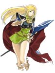  1girl arm_warmers armor belt blonde_hair blue_eyes cape deedlit dress esc. forehead_jewel green_dress highres long_hair outstretched_hand pointy_ears pose record_of_lodoss_war short_dress solo thighs white_background 