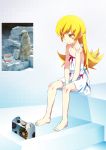  1girl barefoot bear blonde_hair blush_stickers derivative_work doughnut_box dress long_hair monogatari_(series) oshino_shinobu photo_reference pointy_ears polar_bear sitting solo tanabe_kyou white_dress yellow_eyes 