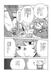  3girls absurdres beer_mug comic detached_sleeves doujinshi eating hat highres kochiya_sanae monochrome moriya_suwako multiple_girls onikobe_rin page_number scan sweatdrop touhou translated yasaka_kanako 