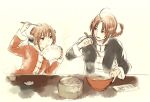  1boy 1girl acaco ahoge arm_up blue_eyes braid brother_and_sister brown_hair chinese_clothes chopsticks double_bun eating family food food_in_mouth gintama hair_ornament kagura_(gintama) kamui_(gintama) long_hair long_sleeves looking_at_another open_mouth orange_hair siblings simple_background single_braid smile stick table 