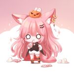  1girl :t animal_ear_fluff animal_ears black_cape black_vest blood blood_bag bloomers blush_stickers cape chibi closed_mouth collared_shirt copyright_request creature drinking ear_piercing fang fang_out full_body hand_on_hip hand_up highres honyang jack-o&#039;-lantern long_hair long_sleeves looking_at_viewer no_shoes o_o piercing pink_background pink_hair red_cape shirt solo sparkle standing striped striped_legwear tail thigh-highs thighhighs_pull tomato_juice two-tone_background underwear v-shaped_eyebrows very_long_hair vest white_background white_bloomers white_shirt 
