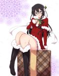  1girl black_hair blue_eyes blush boots fur_trim glasses hat jiino kantai_collection lace lace-trimmed_thighhighs long_hair looking_at_viewer ooyodo_(kantai_collection) open_mouth ribbon santa_hat skirt smile solo thigh-highs white_ribbon 