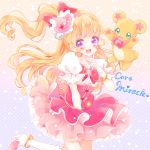  1girl :d anklet asahina_mirai bangs blush boots bow bowtie character_name cure_miracle english eyelashes finger_to_cheek floating_hair gem gradient gradient_background heart highres jewelry knee_boots looking_at_viewer magical_girl mahou_girls_precure! mofurun_(mahou_girls_precure!) open_mouth pearl ponytail precure red_bow ruby_(stone) simple_background smile solo star stuffed_animal stuffed_toy teddy_bear uzuki_aki white_boots 