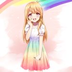  1girl beifeng_han blonde_hair cyou_shigen dress long_hair looking_at_viewer open_mouth original pen puffy_short_sleeves puffy_sleeves rainbow rainbow_gradient red_eyes short_sleeves simple_background smile solo 