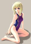  1girl barefoot blonde_hair blue_eyes braid competition_swimsuit fate/stay_night fate_(series) jpeg_artifacts katahira_masashi one-piece_swimsuit saber sitting smile swimsuit yokozuwari 