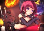  1girl alcohol black_bra black_gloves black_legwear blush bra breasts cleavage cup demon_tail drinking_glass elbow_gloves full_moon gloves head_wings heart heart_tail jack-o&#039;-lantern looking_at_viewer love_live!_school_idol_project lying moon nishikino_maki on_stomach parfaitlate parted_lips purple_hair skirt solo tail thigh-highs underwear violet_eyes wine wine_glass 