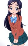  1girl blue_eyes futari_wa_precure gradient gradient_background green_skirt hair_ornament hairclip long_hair looking_at_viewer manji_(tenketsu) plaid plaid_skirt precure purple_hair school_uniform skirt solo yukishiro_honoka 