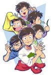  6+boys ;3 alternate_costume brothers brown_hair cat_teaser clothes_around_waist double_v hoodie jumpsuit male_focus matsuno_choromatsu matsuno_ichimatsu matsuno_juushimatsu matsuno_karamatsu matsuno_osomatsu matsuno_todomatsu multiple_boys osomatsu-kun osomatsu-san sextuplets siblings simple_background sleeves_past_wrists smile sparkle upper_body v white_background 