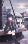  1girl bag black_hair bus cellphone highres lamppost long_hair motor_vehicle original phone ponytail school_uniform smartphone smile snow solo vehicle yakka 